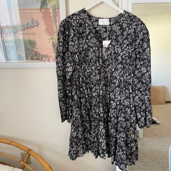 Merlette Lasse Print Mini Dress in Black Stamped Floral Size Large - Picture 2 of 6